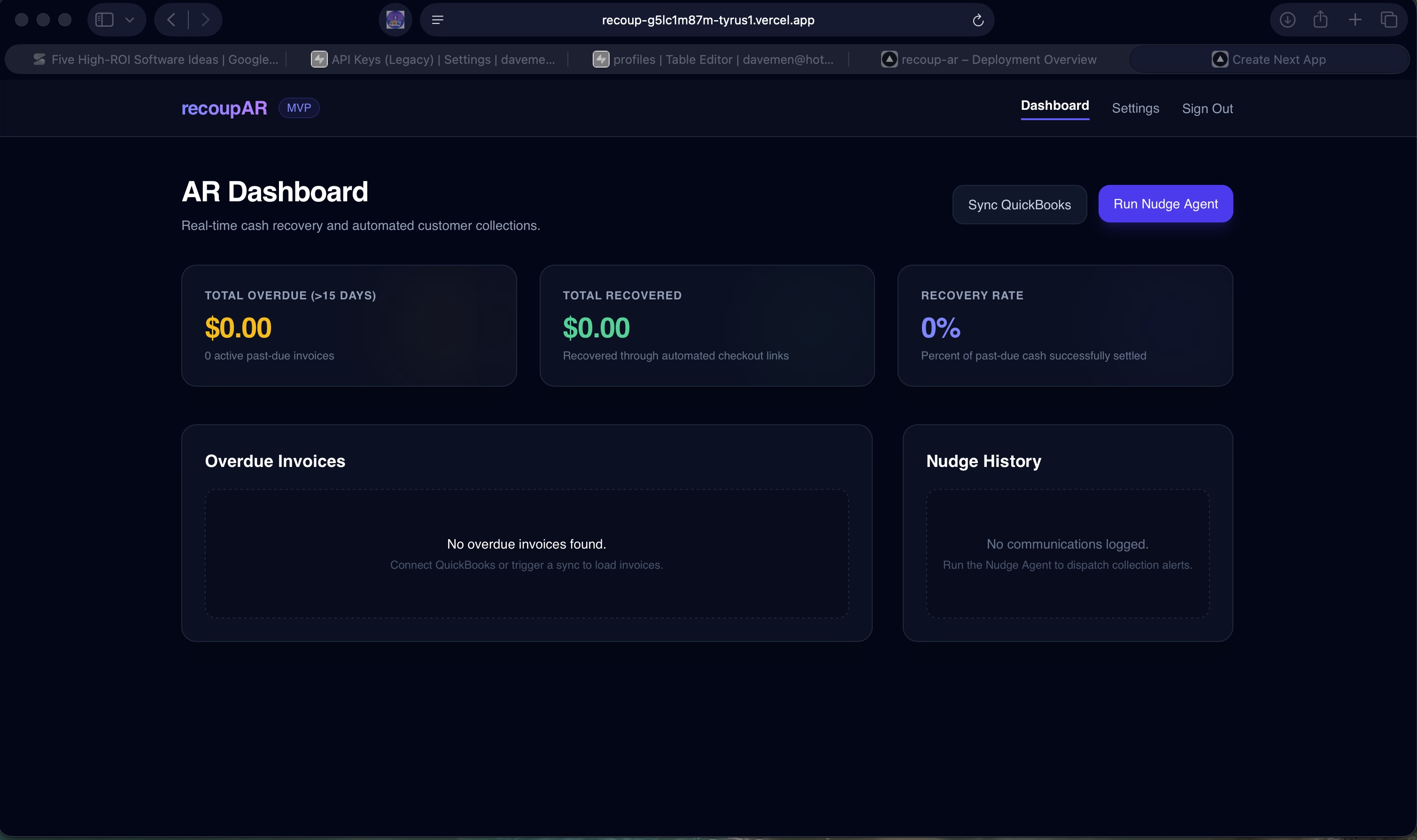 RecoupAR AR dashboard — real-time aging buckets and recoveries